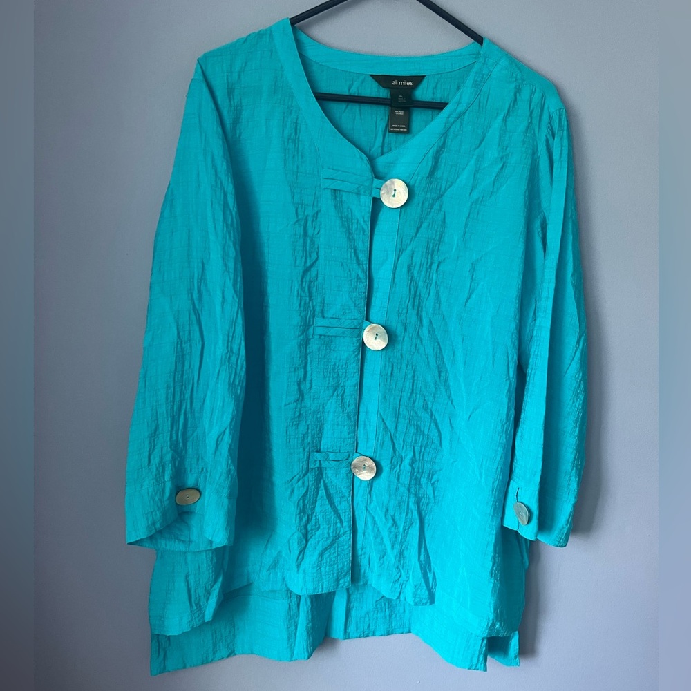 Ali Miles Textured Button Hi Low Tunic Top Size XL Aqua Blue